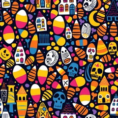 A colorful seamless pattern with Halloween motifs like candy corn, skulls, and haunted houses forming a repetitive and festive design