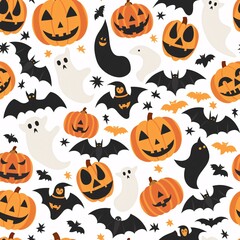 A seamless pattern featuring Halloween festival elements such as pumpkins, bats, and ghosts arranged in a continuous design