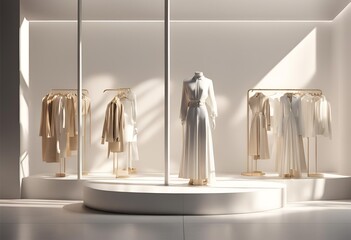 : White modern fashion clothes shop, luxury, window display, store front, interior design, decoration, product background, 3D rendering.
