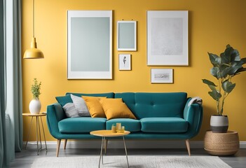 "Scandinavian interior design featuring a vibrant yellow sofa and chair against a teal wall with a poster frame in a modern living room."