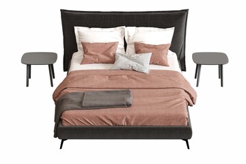 double bed isolated on white background, furniture for the bedroom interior, 3D illustration, cg render