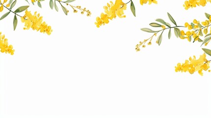 Elegant border with yellow floral branches and green leaves on a white background. Ideal for invitations, posters, and greeting cards.