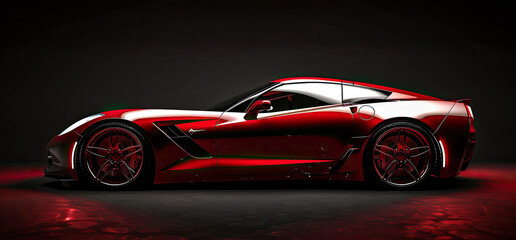 Red sports car on black background. Created with Ai