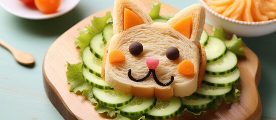 Creative food art featuring a playful cat and mouse theme, perfect for kids' meals, with a unique presentation and plenty of copy space image.