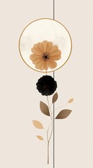 Elegant floral illustration with beige and black flowers. Minimalistic design with leaf accents on a light background. Perfect for modern decor.