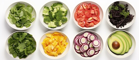 An arrangement of various salads shown against a clean white backdrop, ensuring ample space for additional images.