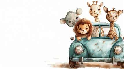 A watercolor painting featuring adorable baby animals riding in the back of a vintage car, set against a white backdrop.