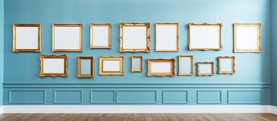 Display an antique frame in an art gallery against a royal blue wall for an auction house or museum exhibition, featuring a blank template for mockup design with white copy space.