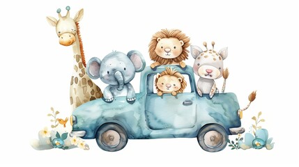 Watercolor painting of cute animals on truck, white background, animals clipart.