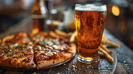 Glass of beer with pizza and fries