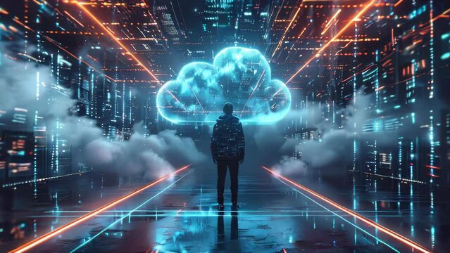 A man stands in a futuristic city with a cloud above him. Concept of wonder and awe at the possibilities of technology and the future
