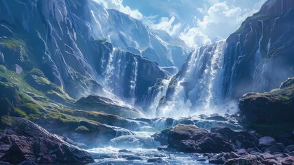 Large cascading waterfall next to a rocky basin