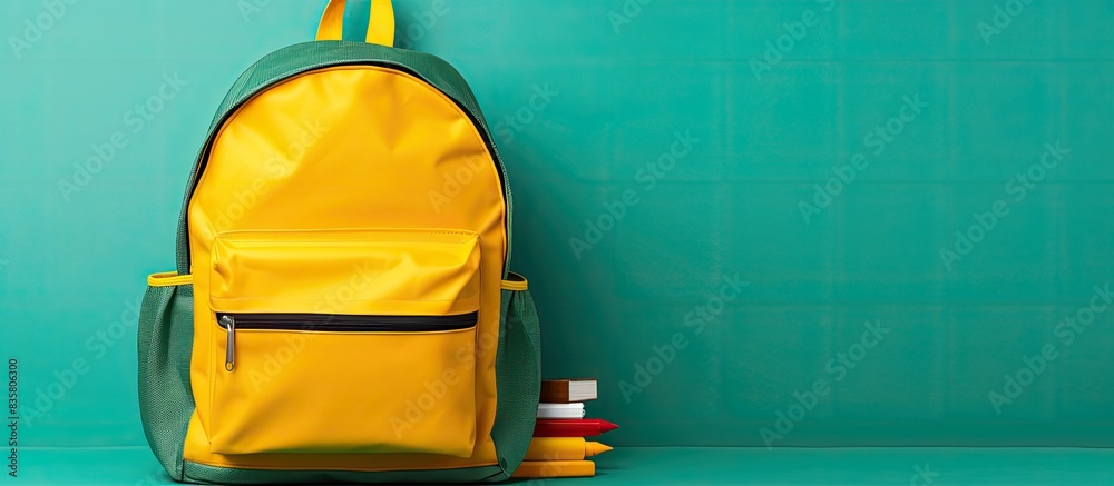 Poster yellow backpack filled with school supplies displayed on a wooden table with an empty background sui