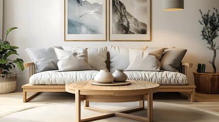 Round wooden coffee tbale near wooden sofa with beige pillows. Scandinavian home interior design of modern living room.