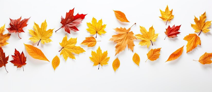 Autumn-themed banner with red maple leaves swaying in the wind and basking in sunlight, perfect for Black Friday and Halloween promotions, with space to insert images. Copy space image