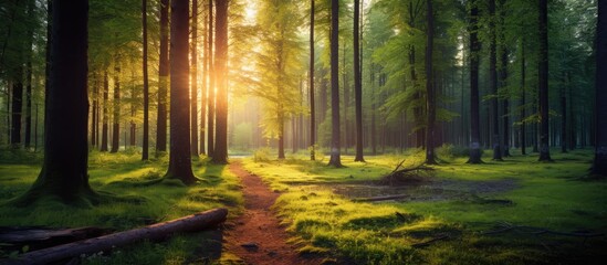 Obraz premium A serene forest glade featuring the setting sun's radiant beams shining through the trees with a vast woodland backdrop, perfect for copy space images.