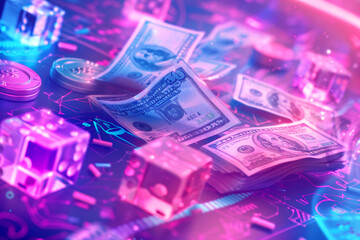 Neon-lit casino scene with dollar bills, dice, and poker chips on a gaming table.