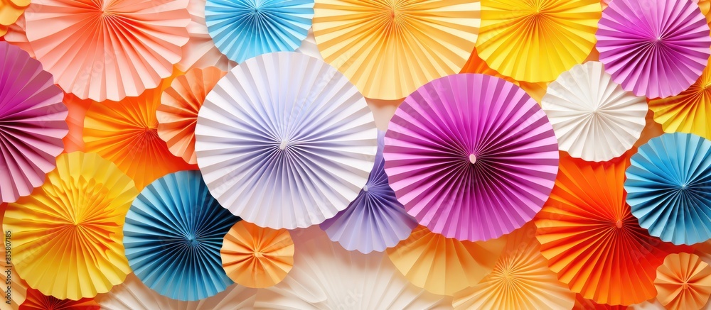 Wall mural an orange paper fan stands alone on a white backdrop, leaving a blank space for adding images. copy 