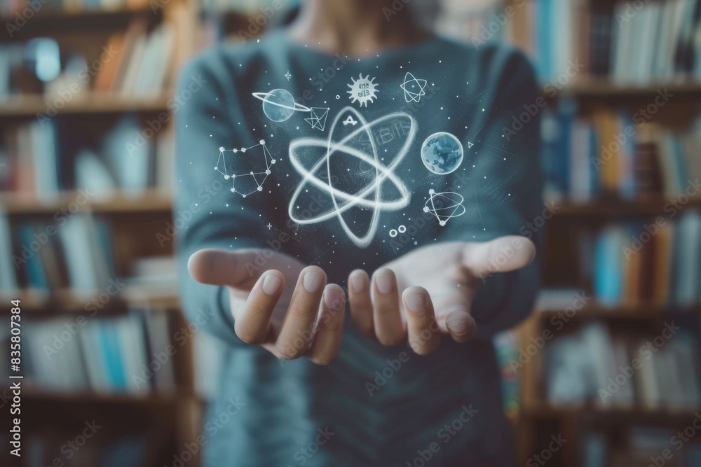 Poster Hands in a library hold atomic and space science symbols, merging discovery and knowledge. Supported by books, education resources, these emphasize science and technology advancements