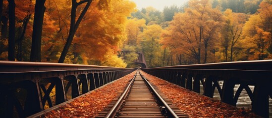 Autumn forest scene with a wooden bridge crossing a stream; features vibrant autumn colors and a serene atmosphere, ideal for a copy space image.