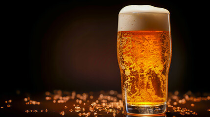 Tempting beer: a fresh glass of foamy ale on a dark background. 