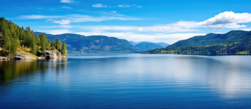 Scenic lake surrounded by mountains reflects a mesmerizing view in a compelling scene with copy space image.