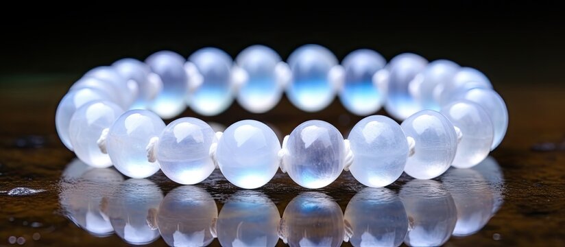 Handcrafted bracelet made of natural Moonstone and adularia stones with an elastic band on a light, modern background with a copy space image.