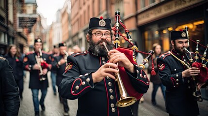 Traditional Bavarian brass band marching through the streets of Munich during the Oktoberfest parade
