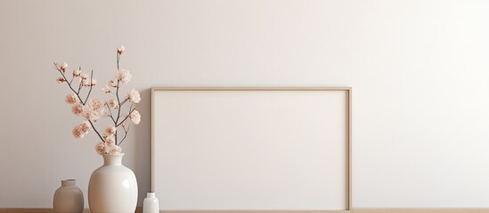 Wooden frame mockup on a white wall with a vase of dry gypsophila flower decoration, offering space for artwork, photo, or print presentation. Copy space image. Place for adding text and design