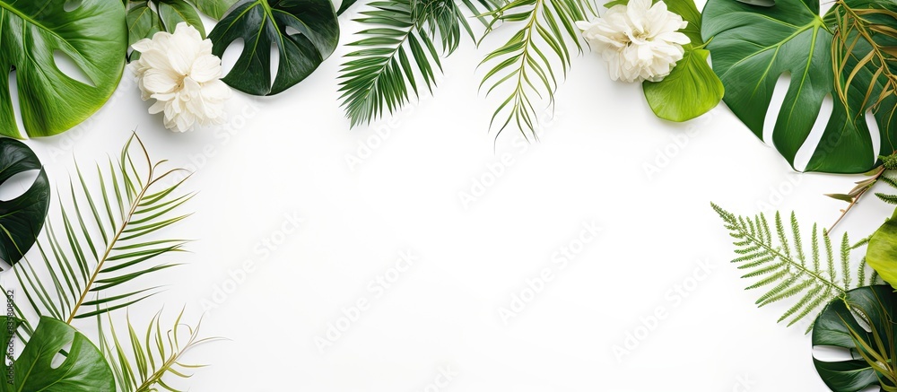 Wall mural nature concept flat lay with a creative arrangement of flowers and leaves around a paper card note, 