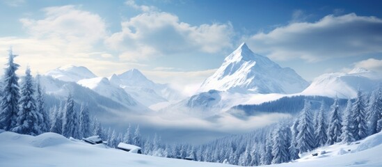 Obraz premium Scenic winter view featuring snow-covered mountains and trees, with a clear space for adding images or text - a stunning copy space image.