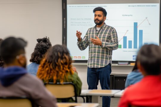 A male teacher is engaging students in a classroom presentation on graph data. The interactive teaching methods create an educational experience filled with learning opportunities