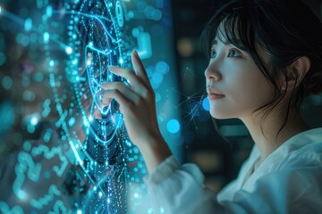 Corporate Innovation: Businesswoman Engaging with Secure Network Hologram in Realistic Minimalist White and Blue Digital Painting