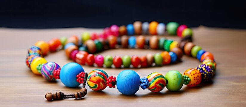 A cheerful mother and her daughter crafting beaded jewelry together at home, with a blank space in the image. Copy space image. Place for adding text and design