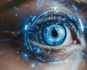 Cybersecurity Concept: Woman's Eye With Futuristic Blue and Silver Digital Overlay
