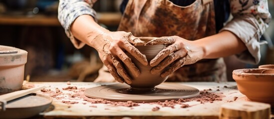 People in a pottery studio workshop crafting clay bowls, engaging in a traditional craft, surrounded by a rustic ambiance with a copy space image available.