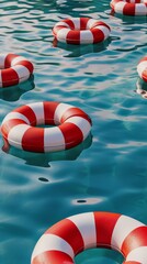 Naklejka premium Red and white lifebuoys floating in a swimming pool
