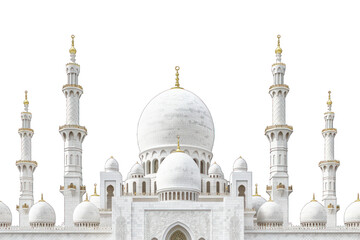Obraz premium Grand Mosque with domes and minarets isolated on transparent background. Architectural photography. Religious and cultural landmark concept for design and print.