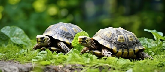 Obraz premium Tiny turtles munching on lettuce on the floor with copy space image available.