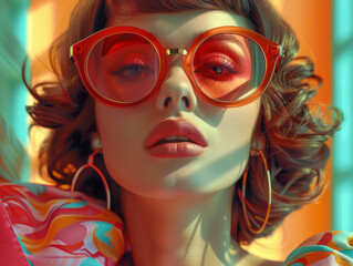 Fototapeta premium Retro style pastel colors summer background. Fashion woman wearing big sunglasses.