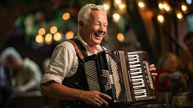Traditional German accordion player performing folk music at Oktoberfest