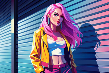 Ilustración vectorial de una chica con cabello rosa y una chaqueta amarilla