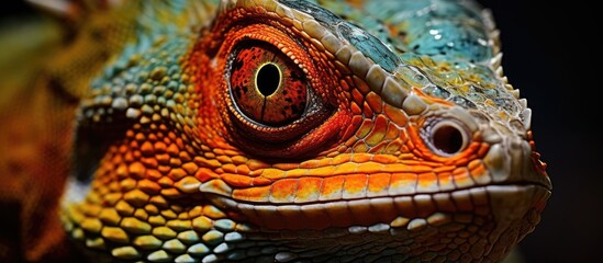 Fototapeta premium A charming male bearded dragon is in its terrarium, creating a lovely picture with ample copy space image.