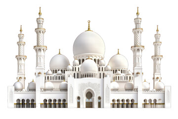 Obraz premium Grand Mosque with domes and minarets isolated on transparent background. Architectural photography. Religious and cultural landmark concept for design and print.