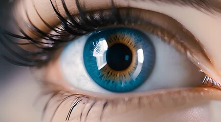 Blue Female Eye in Macro: Captivating Close-up of Pupil, Cornea, Iris, and Eyelashes.