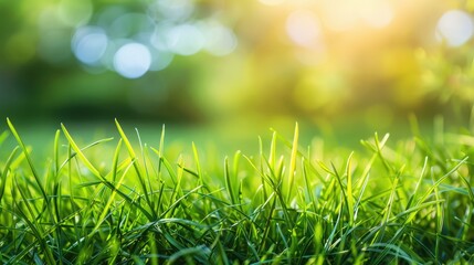 Beautiful natural background image of young lush green grass in the bright sunlight of a summer spring morning close up  - Powered by Adobe