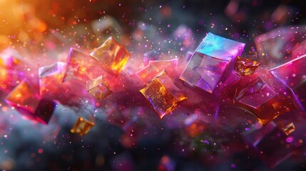 Futuristic Abstract Geometric Shapes in Holographic Neon Colors - Digital Render with Vibrant Glow