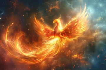 Majestic Phoenix Rebirth - Vibrant Digital Painting of Mythical Bird Rising From Flames in Spectacular Colors