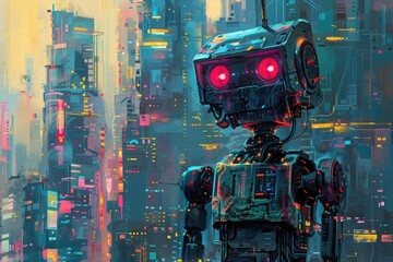Neon Nostalgia: Retro Robot in a Vibrant Futuristic Cityscape Digital Art with Bright Colors