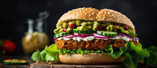 Healthy vegan falafel burger topped with fresh vegetables and sauce on a dark background to...